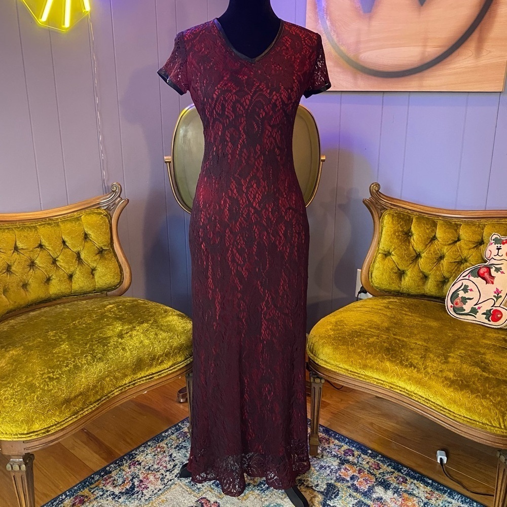 Vintage 90s Breakin’ Loose Burgundy Lace Dark Romance Gothic Glam Maxi Dress